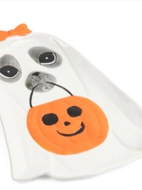 NWT WITCH CRAFTERS Cute Dog Ghost Platter White Ceramic Halloween 16in‎